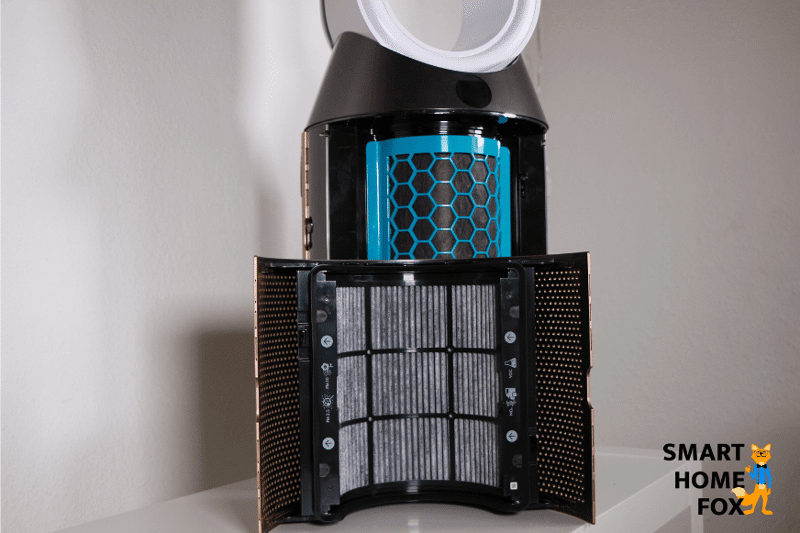 Der Aktivkohlefilter vom Dyson Luftreiniger und Befeuchter steht vor dem Gerät.